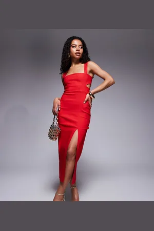 Vesper Bengaline square neck cut out midaxi dress with thigh split in