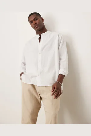 SELECTED Long sleeve grandad collar linen blend shirt in