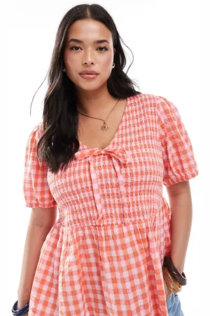 New Look New Look Curve shirred tie front top in red gingham