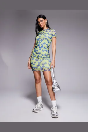 Hugo Blue Mesh print short sleeve dress in green with butterfly print