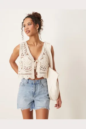 JDY Tie front crochet singlet in -White
