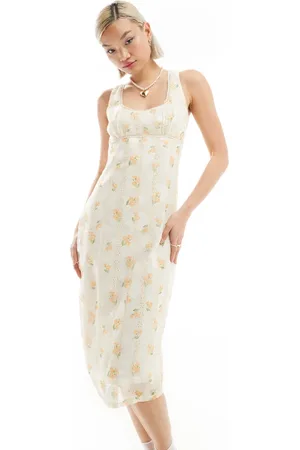 Daisy Street Vintage texture midi dress with cream lace trim-White