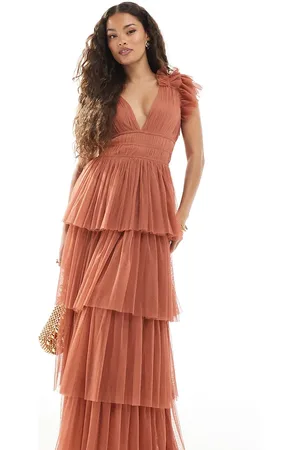 Lace & Beads Bridesmaid ruffle tiered tulle maxi dress in -Brown