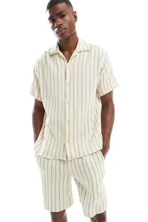 JACK & JONES Revere collar shirt in cream green stripe (part of a set)-Multi