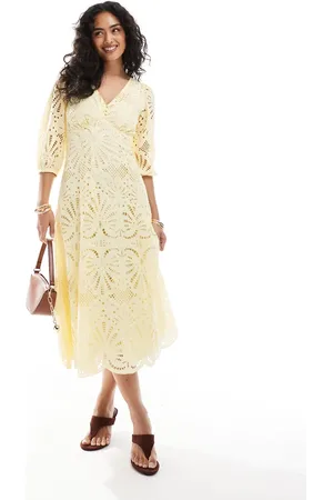 New Look Premium long sleeve broderie buttoned midi dress in yellow