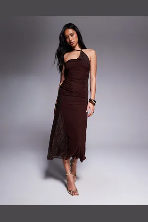ASOS Stretch chiffon one-shoulder midi dress with patchworked lace in -Brown