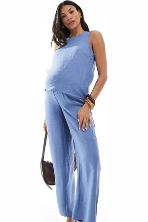Mama;licious Mamalicious Maternity crinkle textured wide leg pants in blue (part of a set)