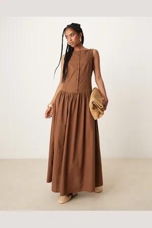 ASOS Slash neck button down dropped waist maxi dress in -Brown