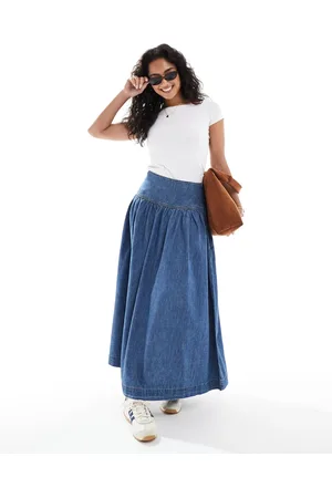ASOS Denim drop waist maxi skirt in midwash blue