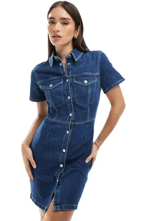 Pimkie Denim cinched waist button through mini dress in blue wash