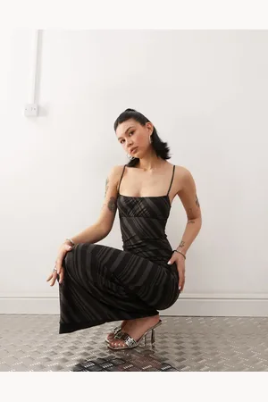 Motel Darsih striped mesh cami maxi dress in dark grey