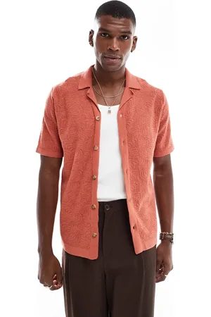 Only & Sons Revere collar open knit shirt in clay red