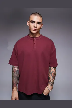 ASOS Oversized boxy waffle henley t-shirt in burgundy-Red
