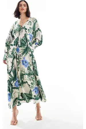 & OTHER STORIES Maxi dress with tie front v-neckline and long sleeves in floral leaf print-Multi