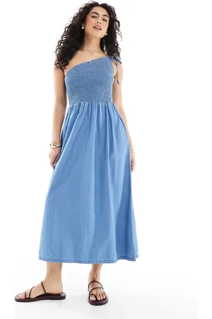 ASOS Soft denim midi dress with asymmetric neckline in midwash blue