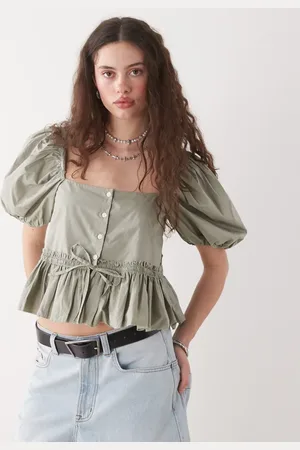 Monki Puff sleeve milkmaid peplum blouse in -Green