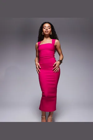 Vesper Bengaline square neck thick strap midaxi dress in -Pink