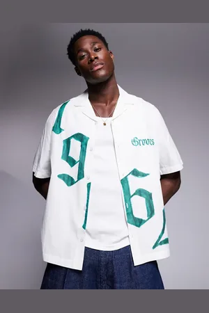 ASOS Boxy loose fit revere shirt with front placement print-White