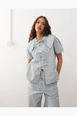 Reclaimed Pinstripe tie front denim top (part of a set)-Blue