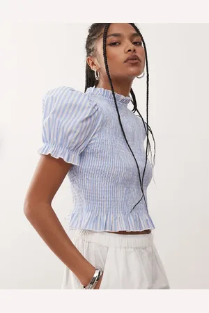 COLLUSION Shirred top in blue and pink stripe