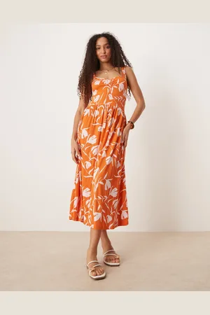 ASOS Crinkle sweetheart neck midi dress in orange and white floral print-Multi