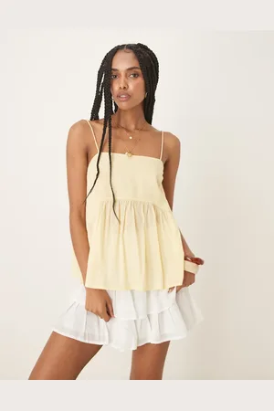 ASOS Cami with volume peplum and tie straps in buttermilk-Yellow