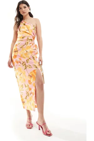Forever New Asymmetrical cut out waist midi dress in yellow floral-Multi