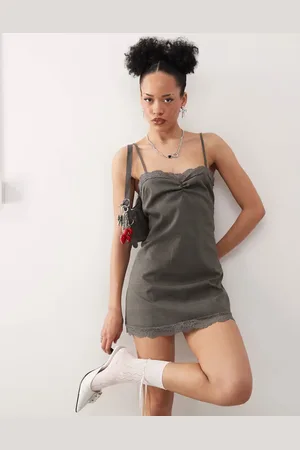 Motel Larna lace edge check mini dress in grey