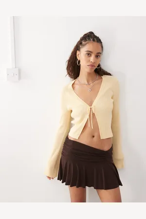 Monki Lightweight cardigan with front tie in butter