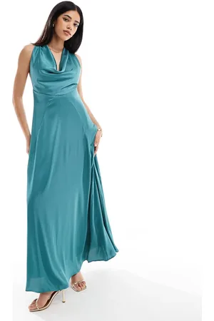 TFNC Cowl neck satin maxi dress with open back in -Blue