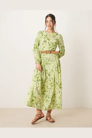 ASOS Linen maxi dress with voile godets in print-Multi