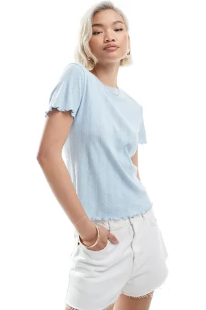 Pieces® Pointelle t-shirt with baby lock detail in light blue