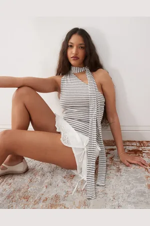 Weekday Iza one shoulder halter top in white and grey stripe