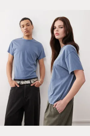 Reclaimed Unisex slim cropped boxy t-shirt in washed blue