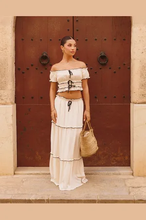 The Frolic X Lydia Kara exclusive bardot contrast lettuce edge crop top in (Part of a set)-White