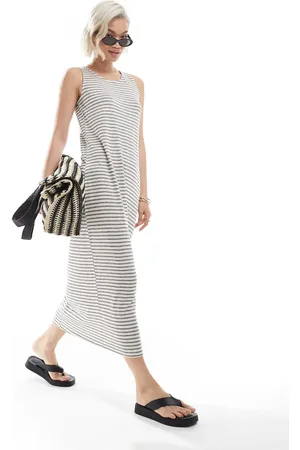 VERO MODA Slubby maxi tank dress in mono stripe-Neutral