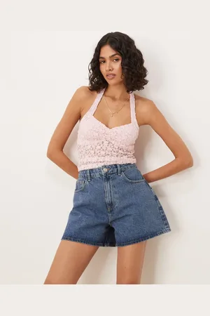 ASOS Denim longline A line shorts in mid blue