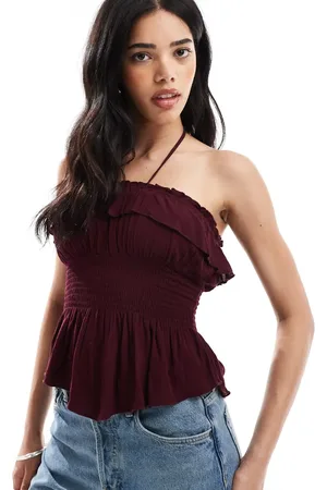 Bershka Shirred ruffle bandeau top in