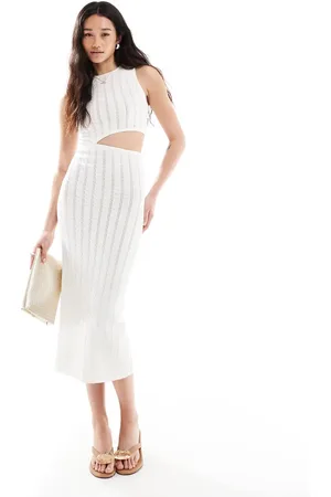 Bershka Knitted cut out front maxi dress in -Neutral