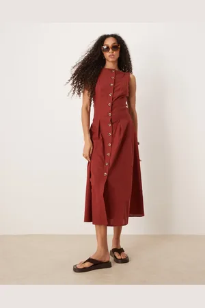 ASOS Slash neck button down waistcoat midi dress in -Red