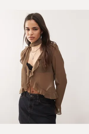 Motel Hirap ruffle front sheer blouse in mocha-Brown