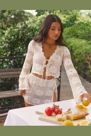 The Frolic X Lydia Kara exclusive crochet tie-front long sleeve beach crop top in floral (Part of a set)-White
