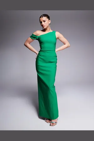 Vesper Bengaline one shoulder knot detail maxi bodycon dress in -Green