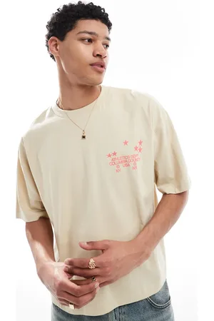 ASOS Boxy oversized t-shirt with sports graphic in beige-Neutral