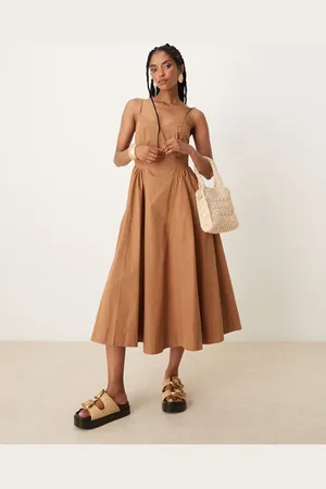 Threadbare V-neck cotton midi dress with drop waist in