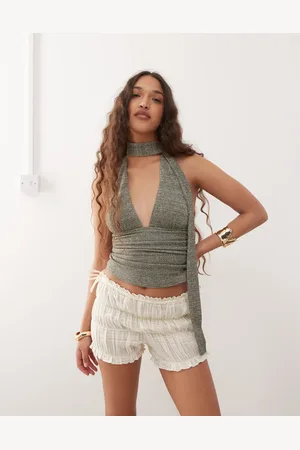 Motel Cosimo glitter knit scarf halter top in khaki-Green