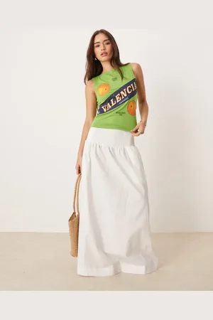 VILA Shirred waistband poplin boho skirt in cream-White