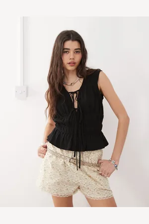Reclaimed Ruched tie-front linen-blend top in