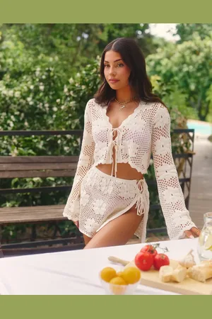 The Frolic X Lydia Kara exclusive crochet tie side mini beach skirt in floral (Part of a set)-White