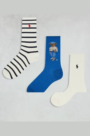 Ralph Lauren 3 pack of bear, striped and cable socks in blue and cream-Multi